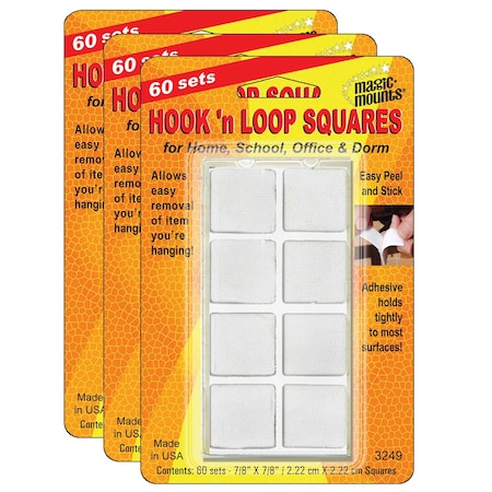 Magic Mounts Reclosable Fastener Shape, Square, Acrylic Adhesive, 7/8 in, 7/8 in W, White, 180 PK 3249W